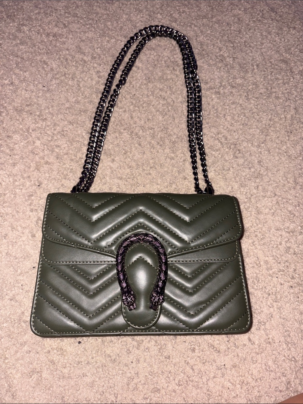 Quilted Olive Green Shoulder Bag with Chain Strap